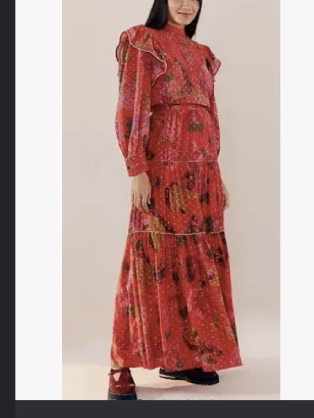 FARM Rio Red Floral Ruffle Maxi Skirt Size Large